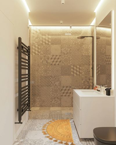 BIEN BEAU Half Circle Bohemian Bathroom Rug with Tassels & Crochet Insert -Beautifully Handcrafted 100% Cotton Mat - Half Round Boho Bedroom Rug-Boho -Honey Mustard in White Tiled Bathroom