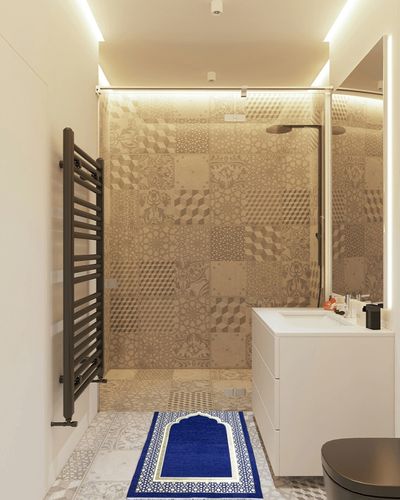 Modefa Turkish Islamic Prayer Mat - Thin Woven Chenille Sajjadah - Intricate Praying Rug Ramadan Eid Gift - Traditional Muslim Janamaz Sajada for Men Women - Geometric Selcuk Star (Royal Blue) in White Tiled Bathroom