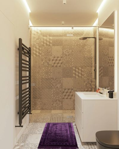 Modefa Velvet Prayer Rug - Soft Plush Turkish Janamaz Sajada Carpet for Men and Women - Plain Solid Prayer Mat Ramadan Eid Gift - with Prayer Beads - Luxury Floral Stamp (Purple) in White Tiled Bathroom