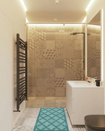 Nourison Easy Care Indoor/Outdoor Aqua/Teal 2' x 4' area-rug, easy-clean, Non Shedding, Bed Room, Living Room, Dining Room, Kitchen (2x4) in White Tiled Bathroom