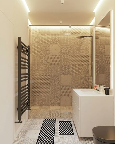 EUCH 2 Piece Carpet Rubber Backing Non-Slip Kitchen Mat Doormat Area Rugs (17"x23"+17"x47", Black Mosaic) in White Tiled Bathroom