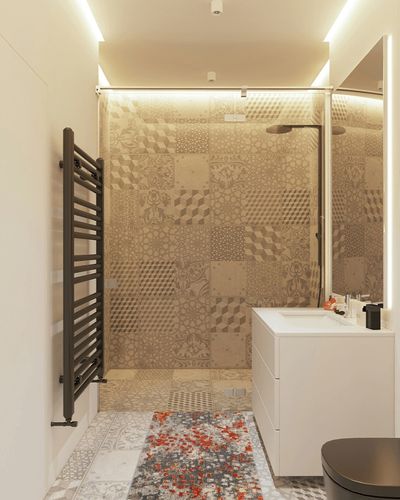 SAFAVIEH Monaco Collection Accent Rug - 2'2" x 4', Grey & Orange, Boho Abstract Watercolor Design, Non-Shedding & Easy Care, Ideal for High Traffic Areas in Entryway, Living Room, Bedroom (MNC225H) in White Tiled Bathroom