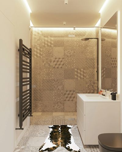 Amearea Faux Cowhide Rug 3.6x2.3 Feet, Premium Durable Cow Print Rugs for Living Room, Animal Large Cow Hide Rug for Bedroom, Kids Room, Dining Western Decor Carpets, Dark Brown in White Tiled Bathroom