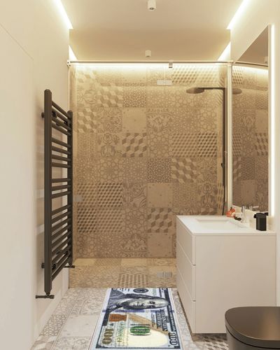 Machine Washable $100 Bill Design Non-Slip Rubberback 22x53 Modern Runner Rug for Hallway, Kitchen, Bedroom, 22" x 53", Multicolor in White Tiled Bathroom