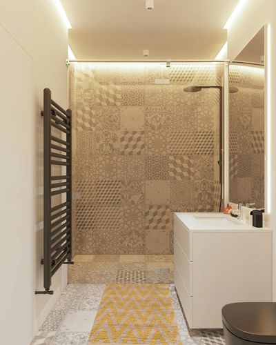 SAFAVIEH Cape Cod Collection Accent Rug - 2'3" x 3'9", Natural & Yellow, Handmade Chevron Cotton & Jute, Ideal for High Traffic Areas in Entryway, Living Room, Bedroom (CAP863F) in White Tiled Bathroom