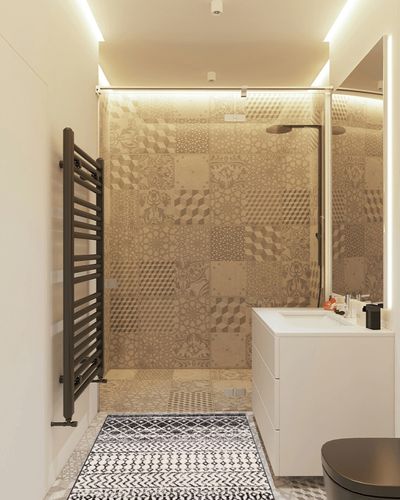 Chester Boho Moroccan Area Rug in White Tiled Bathroom