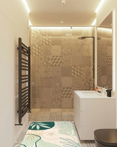 Botanical Print Small Rug Modern Abstract Non-Slip Minimalist Art Area Rug in White Tiled Bathroom