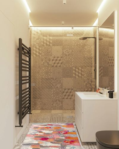 Contemporary POP Modern Abstract Brushstroke Cream/Pink 3 ft. x 5 ft. in White Tiled Bathroom