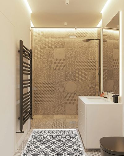 nuLOOM Ansley Moroccan Lattice Tassel Area Rug in White Tiled Bathroom