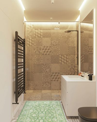 Tela Bohemian Textured Weave Floral Indoor Outdoor Area-Rug in White Tiled Bathroom