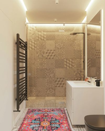 Wonnitar Boho Area Rug in White Tiled Bathroom