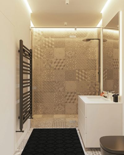 Black Casual Stain Resistant, Non Slip Bedroom, Living Room, Home Office, Dining Room Area Rug in White Tiled Bathroom