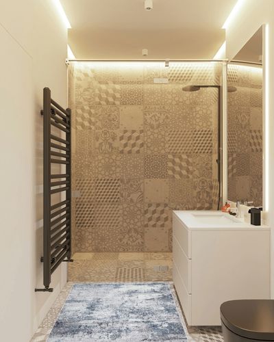 Gray/Blue Abstract & Modern Super Soft, Non-Slip, Easy to Clean, Fade Resistant Area Rug in White Tiled Bathroom