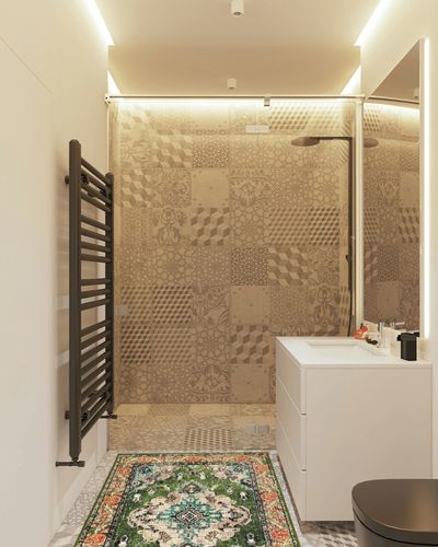 Forest Green   Hallway Area Rug in White Tiled Bathroom