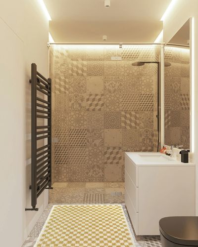 Balta Covey Plush Checkered Thick Shag Area Rug - 5'3" x 7' - Mustard in White Tiled Bathroom