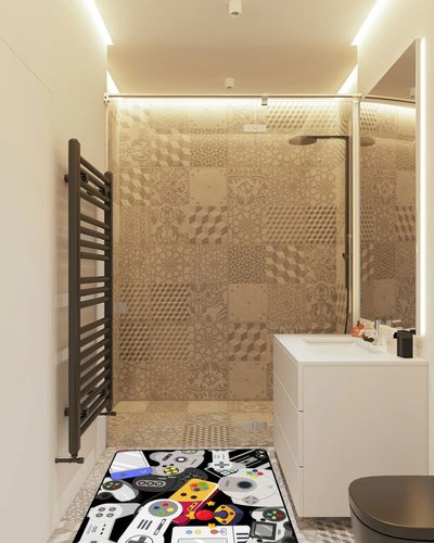 Lacut Game Rug Teen Boys Carpet with Game Controller Decoration, 3D Gaming Rugs for Boy’s Bedroom Living Room Playroom, Non-Slip Gamer Carpet Children Gaming Area Rugs (60" x 40") in White Tiled Bathroom