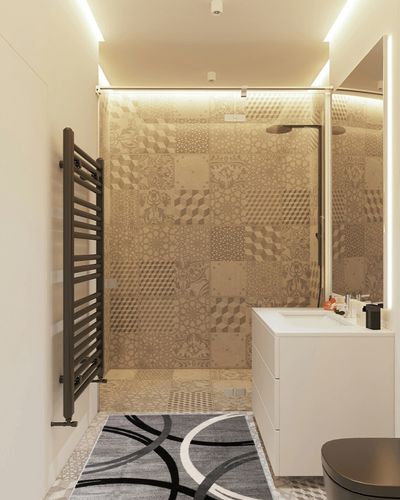 Rugshop Modern Wavy Circles Design Area Rug 3'3" x 5' Gray in White Tiled Bathroom