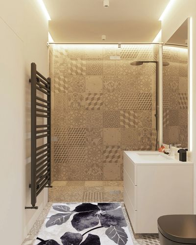 CAMILSON Solana Modern Floral 3'3" x 5' Area Rugs Non-Skid (Non-Slip) Rubber Backing Black - Gray Flowers Indoor Rug (3x5, Black Grey) in White Tiled Bathroom