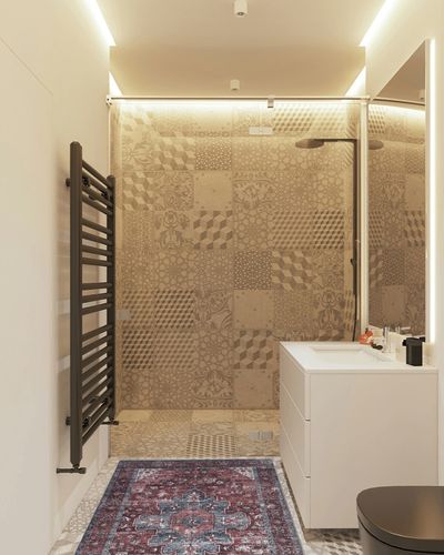 Adiva Rugs Machine Washable Area Rug with Non Slip Backing for Living Room, Bedroom, Bathroom, Kitchen, Printed Persian Vintage Home Decor, Floor Decoration Carpet Mat (Terra, 3' x 5') in White Tiled Bathroom