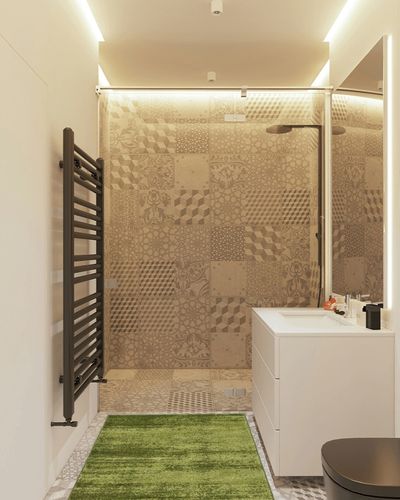 Unique Loom Del Mar Collection Area Rug - Lucille (3' 3" x 5' 3" Rectangle, Green/ Hunter Green) in White Tiled Bathroom