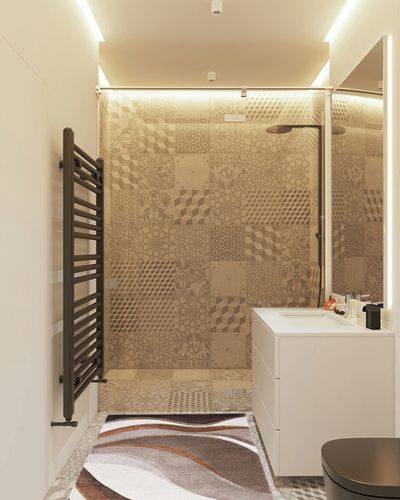 Ducor Abstract Beige/Brown Area Rug Wade Logan Rug Size: Rectangle 2'7" x 5' in White Tiled Bathroom