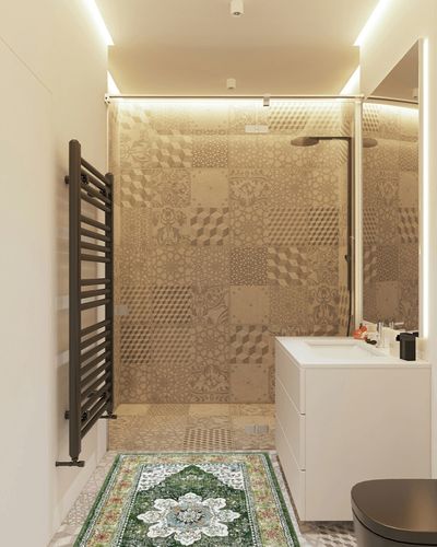 Ileading Bohemian Vintage Area Rug 3x5ft, Machine Washable Low-Pile Accent Carpet, Non-Shedding Non-Slip Entryway Floor Throw Rugs for Living Room, Bedroom, Dining Room, Kids Playroom(Green) in White Tiled Bathroom