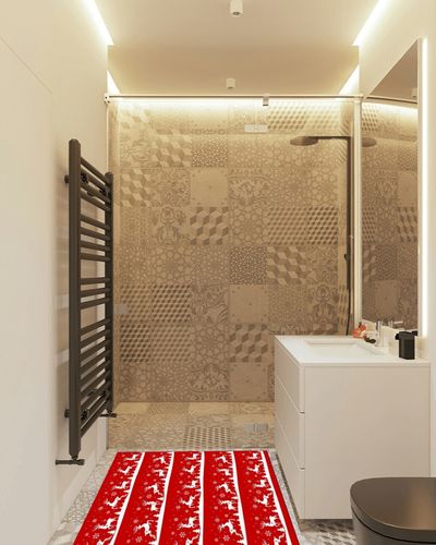 Area Rug, Xmas Elk Reindeer Winter Snoflake Xmas Tree Red Merry Christmas Rug, 2x3 Feet Rugs for Living Room Bedroom Kids Room Kids Room Nursery Classroom, Non-Slip Comrft Carpet Washable Rug in White Tiled Bathroom