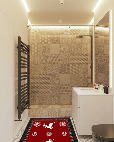 Area Rug, Winter Snowflake Elk Reindeer Red Buffalo Plaid Merry Christmas Rug, 2x3 Feet Rugs for Living Room Bedroom Kids Room Kids Room Nursery Classroom, Non-Slip Comrft Carpet Washable Rug in White Tiled Bathroom