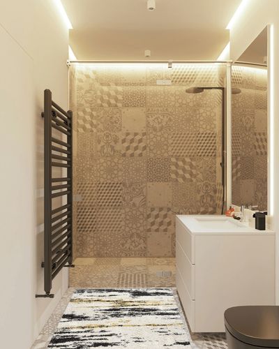 JONATHAN Y SHG102A-3 Nova Modern Bold Strie' Shag Indoor Area-Rug, Contemporary, Bohemian, Transitional Easy-Cleaning,Bedroom,Kitchen,Living Room,Non Shedding, Beige/Black/Yellow, 3 X 5 in White Tiled Bathroom