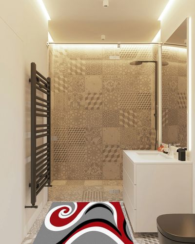 Fluffy Area Rugs for Living Room,36x60in Non-Slip Accent Rug Ultra Soft Carpet Abstract Red White Black Swirl Washable Indoor Floor Mats for Bedroom Nursery Decor Modern Geometric Stripe on Gray in White Tiled Bathroom