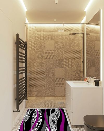 Large Area Rug, Purple Geometric Non-Slip Indoor Accent Area Carpet, Black White Moire Modern Abstract Art Fluffy Shaggy Runner Rug for Living Room, Bedroom, Kids Room, 2'7"x 5" in White Tiled Bathroom