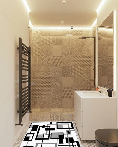 Large Area Rug, Black Grey Geometric Non-Slip Indoor Accent Area Carpet, Modern Abstract Art White Fluffy Shaggy Runner Rug for Living Room, Bedroom, Kids Room, 2'7"x 5" in White Tiled Bathroom