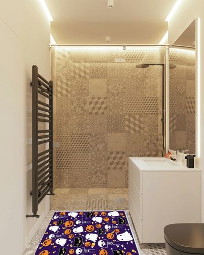 Large Area Rug, Halloween Non-Slip Indoor Accent Area Carpet, Orange Pumpkin White Ghost Skeleton Purple Fluffy Shaggy Runner Rug for Living Room, Bedroom, Kids Room, 2'7"x 5" in White Tiled Bathroom