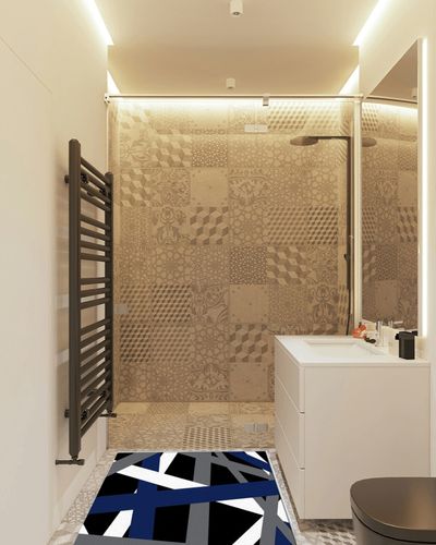 Large Area Rug, Blue Black Grey Geometric Non-Slip Indoor Accent Area Carpet, Modern White Abstract Art Striped Fluffy Shaggy Runner Rug for Living Room, Bedroom, Kids Room, 2'7"x 5" in White Tiled Bathroom