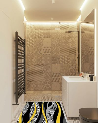 Large Area Rug, Yellow Geometric Non-Slip Indoor Accent Area Carpet, Black White Moire Modern Abstract Art Fluffy Shaggy Runner Rug for Living Room, Bedroom, Kids Room, 2'7"x 5" in White Tiled Bathroom
