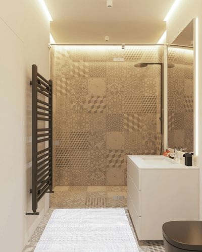 Safavieh South Hampton Collection Accent Rug - 3' x 5', Grey, Handmade Mid-Century Modern Abstract, Ideal for High Traffic Areas in Entryway, Living Room, Bedroom (SHA301F) in White Tiled Bathroom