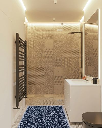 Safavieh Jardin Collection Accent Rug - 3' x 5', Navy & Ivory, Handmade Wool, Ideal for High Traffic Areas in Entryway, Living Room, Bedroom (JAR753N) in White Tiled Bathroom