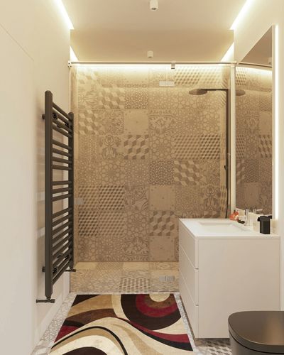 Home Dynamix Tribeca Slade Modern Area Rug, Abstract Brown/Red 39"x55" in White Tiled Bathroom