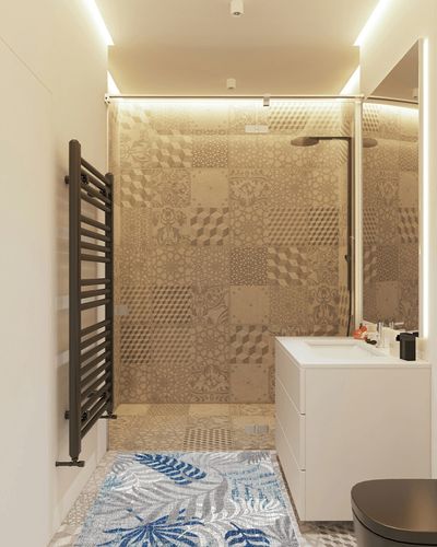 JONATHAN Y AMC100A-3 Tropics Palm Leaves Indoor Outdoor Area-Rug Bohemian Floral Easy-Cleaning High Traffic Bedroom Kitchen Backyard Patio Porch Non Shedding, 3 X 5, Gray/Blue in White Tiled Bathroom