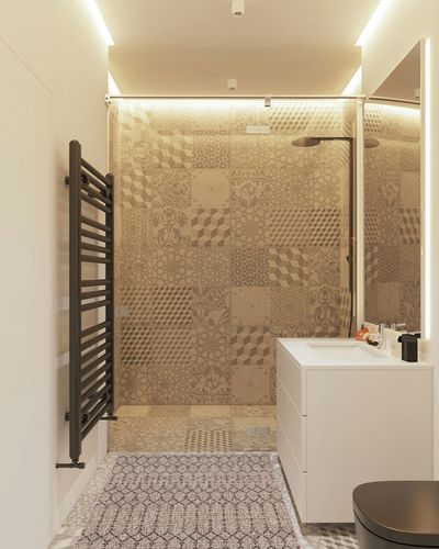 JONATHAN Y SMB108D-3 Ourika Moroccan Geometric Textured Weave Indoor Outdoor -Area Rug, Bohemian, Rustic, Scandinavian Easy-Cleaning,Bedroom,Kitchen,Backyard,Patio,Non Shedding, Natural/Black, 3 X 5 in White Tiled Bathroom