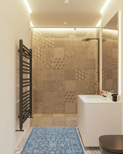 JONATHAN Y SMB100B-3 Tela Bohemian Textured Weave Floral Indoor/Outdoor Navy/Gray 3 ft. x 5 ft. Area-Rug, Coastal,Easy-Cleaning,HighTraffic,LivingRoom,Backyard, Non Shedding in White Tiled Bathroom