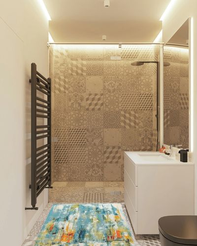 JONATHAN Y CTP100A-3 Contemporary POP Modern Abstract Waterfall Blue/Cream 3 ft. x 5 ft. Area-Rug, Bohemian, Easy-Cleaning, for Bedroom, Kitchen, Living Room, Non Shedding in White Tiled Bathroom