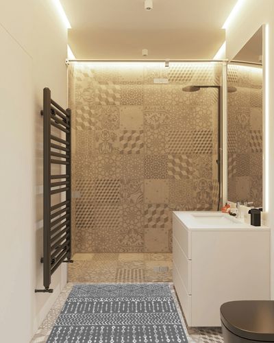 Art&Tuft 3x5 Rug, Super Soft Ultra-Thin Moroccan Washable Rug, Anti-Slip Backing Rugs for Living Room, Foldable Geometric Machine Washable Area Rug(3'x5', Grey) in White Tiled Bathroom