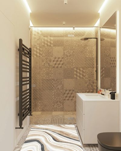 FINOREN Artistic Abstract Area Rug.Cream and Brown,3x5 Feet,Suitable for Bedroom,Living Room,Apartment,Machine Washable Non-Slip Soft Modern Interior Rug,Smudge-Proof,Non-Shedding. in White Tiled Bathroom