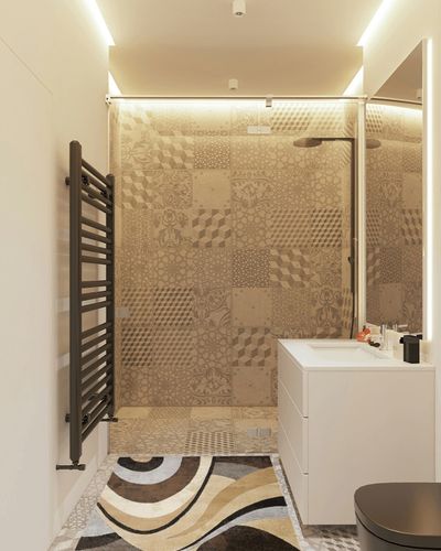 Home Dynamix Tribeca Slade Modern Area Rug, Abstract Brown/Gray 39"x55" in White Tiled Bathroom