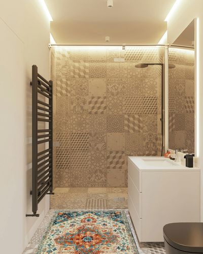 Wonnitar Washable 3x5 Boho Area Rug,Non-Slip Distressed Throw Rug for Bedroom,Bohemian Non-Shedding Bathroom Mat,Low Pile Soft Colorful Floor Carpet for Dorm Mud Room Living Room,Orange in White Tiled Bathroom