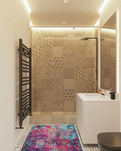 nuLOOM Reva Colorful Abstract Accent Rug, 3x5, Multi in White Tiled Bathroom