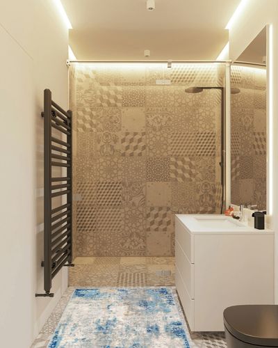 Lahome Modern Abstract Area Rug - 3x5 Washable Bedroom Rug Soft Throw Entry Mat Contemporary Faux Wool Non-Slip Stain Resistant Carpet for Living Room Kitchen Bath Office, Blue/Yellow/Ivory in White Tiled Bathroom