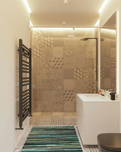 Comfy-co Handcrafted Area Rug Chindi Rug 3x5 ft - Hand-Woven Cotton Area Rag Rug - Reversible Floor Rug for Bedroom Living Room Kitchen Dorm Entryway Hallway - Chindi Area Rug Green Multi in White Tiled Bathroom