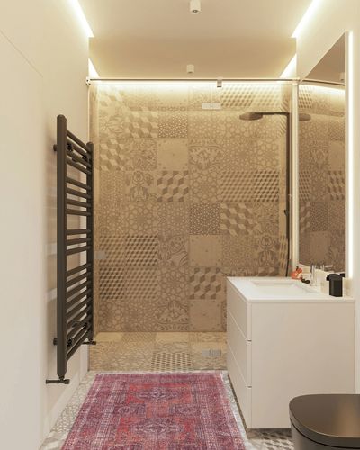 Adiva Rugs Machine Washable Area Rug with Non Slip Backing for Living Room, Bedroom, Bathroom, Kitchen, Printed Vintage Home Decor, Floor Decoration Carpet Mat (RED/Brown, 3' x 5') in White Tiled Bathroom